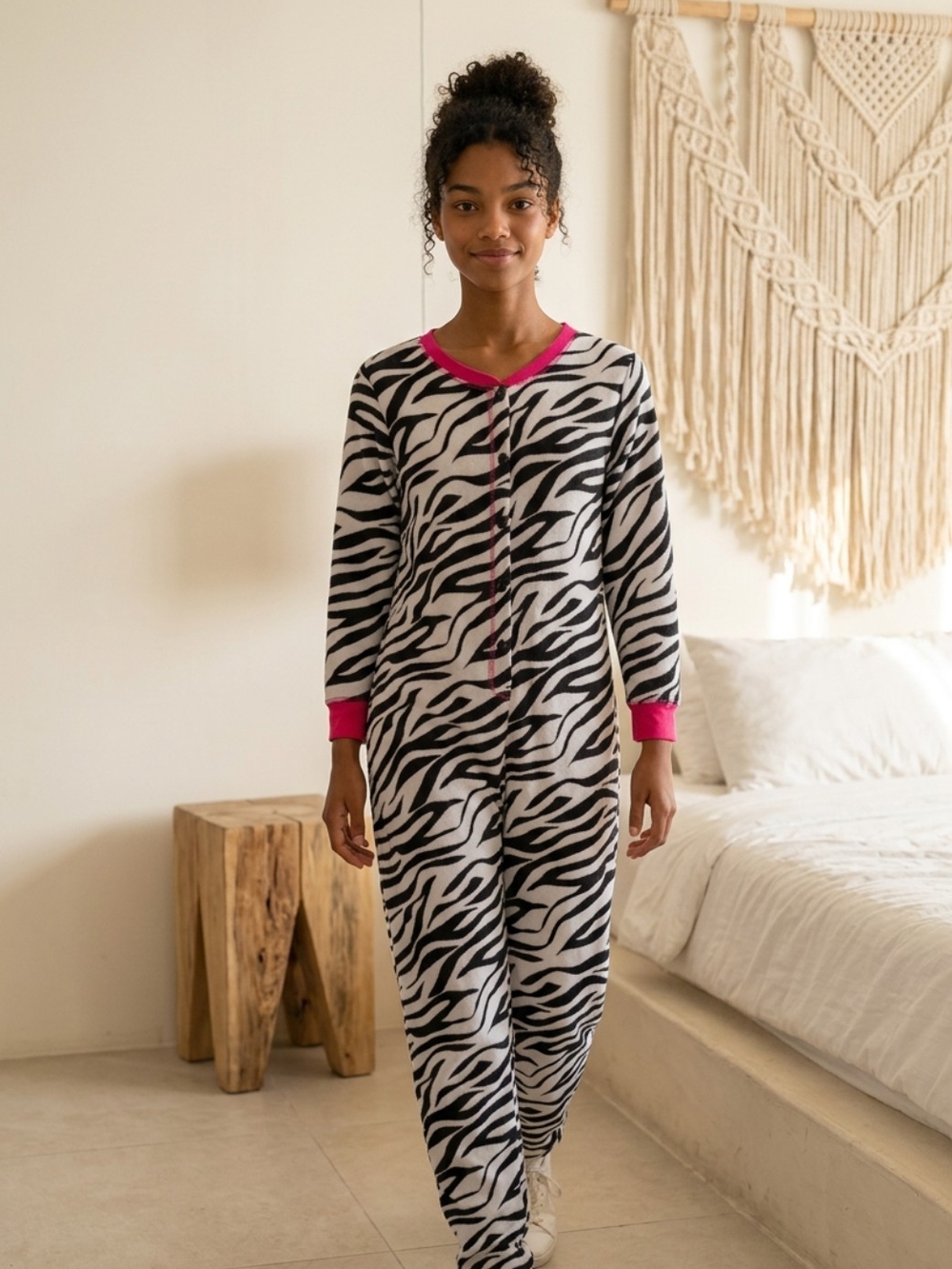 Zebra-Print Kids One-Piece Pajamas with Pink Trim Size Large Junior